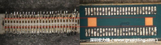 把板對板連接器與其電路板的佈線焊墊作一個比較，端子的切斷面有毛邊的地方剛好對到了裸銅區(qū)。