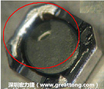 使用錫(Sn)鍍層的電源電感器(Power Inductors)，經(jīng)過推力測試后，其焊點(diǎn)還保留在零件的端點(diǎn)上，所以推力比較高。