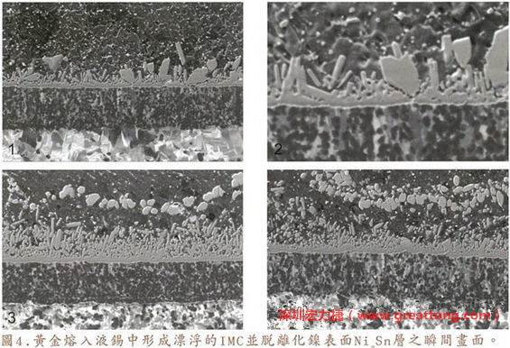 下面四張圖片為放大4500倍的SEM圖像，說明在回流焊爐熱量不足的情況下，黃金成份正要從鎳層分離融入焊錫之中的瞬間，當零件遭受外力沖擊的時候就極有可能從這一整排AuSn、、AuSn2或AuSn4的IMC處裂開。