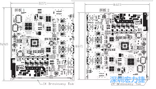 如圖7所示是使用不同數(shù)量邊條的拼板，拼板1僅使用了一個(gè)邊條，直接利用PCB另一邊作為SMT工藝傳送邊，并且PCB圖形中有合適的安裝孔；而拼板2則是按常規(guī)設(shè)計(jì)了兩個(gè)邊條。拼板方式為連接筋。圖中“Breakaway Tab”指邊條-深圳宏力捷