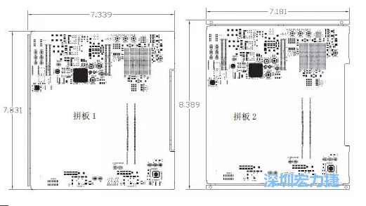 如圖11所示在兩種拼板中PCB單元的邊條位置不同，拼板1中邊條在長邊方向，而拼板2中邊條在短邊方向-深圳宏力捷