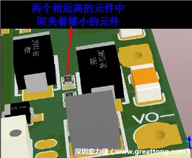 放置器件時(shí)要考慮以后的焊接和維修，兩個(gè)高度高的元件之間盡量避免放置矮小的元件