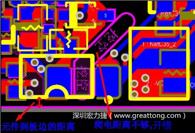 如果碰到模塊PCB空間有限，爬電距離不夠，可以采用開(kāi)槽的方式