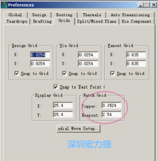  改銅皮的填充網格Global→Design Units，填充方向Drafting→Direction；Hatch Grid中Copper此數(shù)值為大銅箔中所填充的線條中心到中心的距離。