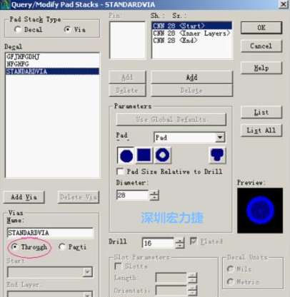 分析文件完成后，點擊菜單Setup→Pad Stacks調出焊盤堆設置窗口，將Pad Stack Type改為Via