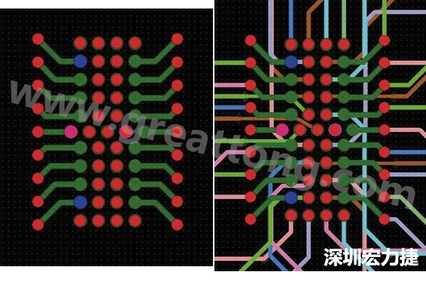 圖7：焊盤內(nèi)過孔用于內(nèi)部，而外部接腳在0.5mm閘格上扇出。圖7a顯示的是頂層(左)；圖7b顯示頂層和內(nèi)部布線層(右)。