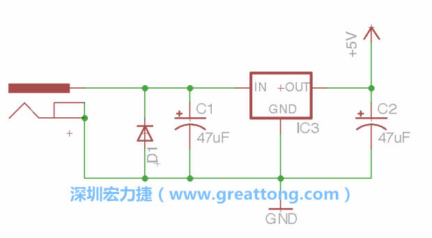 新增RBBB→Power_Jack，將它放在電壓調(diào)整器的輸入端旁邊。