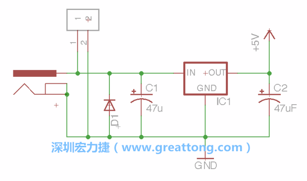 2.5.    新增一個二極體，它會以水平的狀態(tài)出現(xiàn)在屏幕上，請使用「旋轉(zhuǎn)（Rotate）」工具把它負(fù)極那一面朝上，并且用「網(wǎng)絡(luò)連接」工具將它連接在電壓調(diào)整器的輸入端和接地端之間。