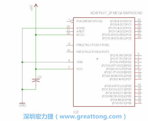 3.1.    新增微控制器晶片（RBBB → ATmega），把它放在電路原理圖的中央附近，把它的兩個(gè)接地接頭連接到接地訊號(hào)端。