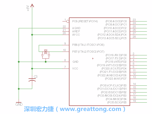 3.2.    在靠近ATmega的電源供應(yīng)針腳7的位置放置一個(gè)0.1μF的電容，將它分別連接電源、接地端和針腳7。