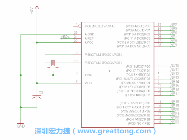 3.3.    將共鳴器（resonator）放置在針腳9和針腳10附近，將它的三個(gè)針腳連接如圖所示，并確認(rèn)最中間的針腳有連到接地端。
