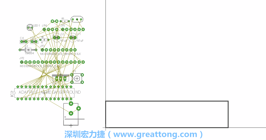 第一次執(zhí)行布線編輯器時(shí)，你會(huì)發(fā)現(xiàn)有兩個(gè)區(qū)塊，左邊的區(qū)塊非常混亂，而右邊的區(qū)塊則是一個(gè)長(zhǎng)方形的工作區(qū)域，EAGLE免費(fèi)版會(huì)限制你的工作區(qū)域在4” x 3.2”的范圍內(nèi)，如果你試圖將元件擺放在工作區(qū)外的話，就會(huì)跳出警示訊息。