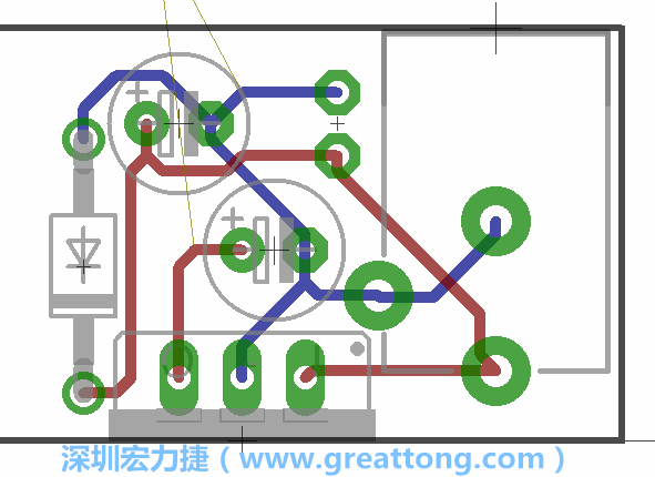 接地連結(jié)點(diǎn)的布線情形如下圖所示，利用這個(gè)練習(xí)來(lái)避免電路連線銳角化的產(chǎn)生是一個(gè)不錯(cuò)的選擇，你可以在工具列中的彎曲線路（Wire Bend）選項(xiàng)里改變各種布線的變化。