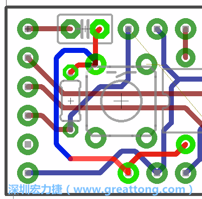 為了要?jiǎng)?chuàng)造一個(gè)電路通道，首先要先點(diǎn)擊重置開關(guān)的連結(jié)點(diǎn)進(jìn)行布線，在電路板的背面繪制線路直到其它線路前的乾淨(jìng)區(qū)域。