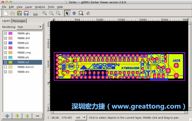 將圖層匯入你的Gerber預(yù)覽工具內(nèi)（下圖為Gerbv），我通常會從上到下重新排列它們的順序，好讓我比較好校對：