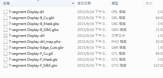 所謂Gerber檔，其實(shí)是包含一群檔案 (如下圖所示)，如包含正反面銅箔層 F.Cu B.Cu.，正反面文字面 F.Silkscreen ，B.Silkscreen，防焊層 SolderMask、板邊裁切Edge.Cuts 等。