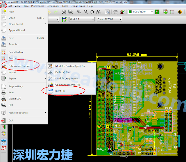 在Kicad的PCB Editor, 點選 File->Fabrication Outputs->BOM File, 即可產(chǎn)生一個 .csv 的Excel 檔案。