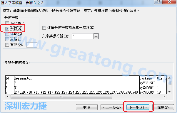 新增一個新的Excel文檔，[資料]匯入[從文字檔]，然后選擇剛產(chǎn)生的BOM (.csv)檔案，并以"分號"作為分隔符號。
