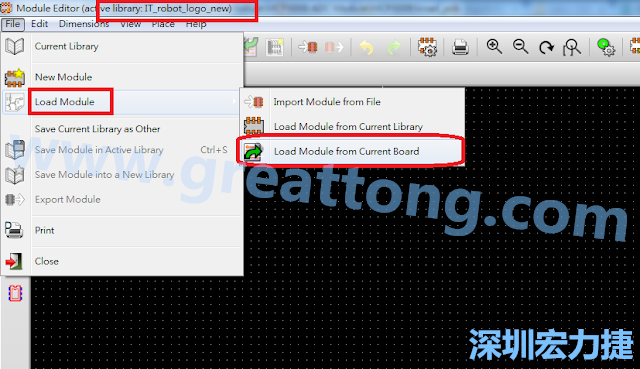 進(jìn)入Module Editor去載入其他Footprint(Module)進(jìn)來(lái)， 從目前的Active library (不過(guò)要先選取一個(gè)Current library ) 載入Module 或從目前正在編輯的PCB載入Module。