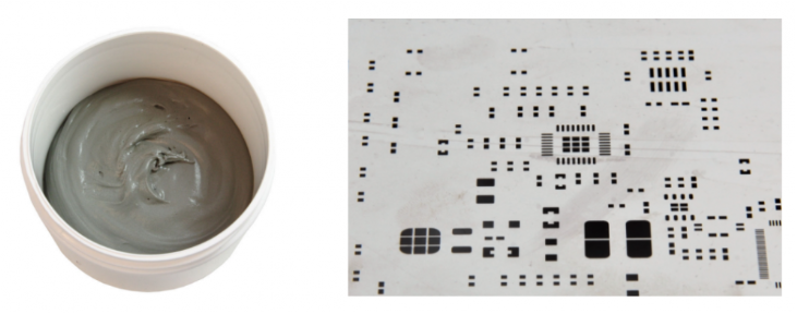 焊膏（左），PCB模板激光切割孔（右）